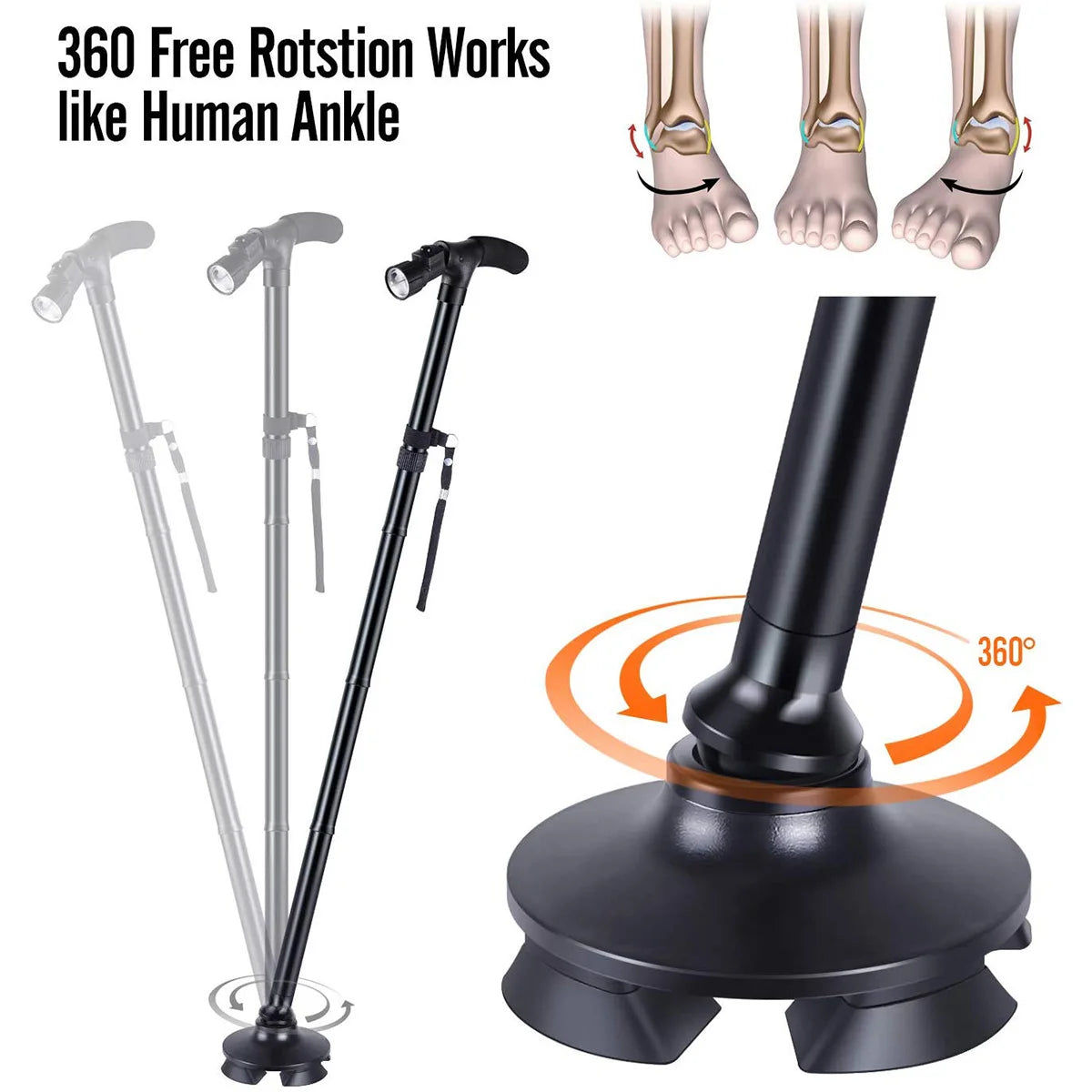 Folding Anti-slip Aluminum Cane with LED Light - Aids For Healthy Living
