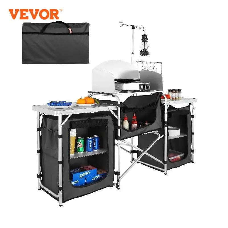 VEVOR Folding Outdoor Cooking Table with Storage Carrying Bag,  3 / 1 Cupboard, & Detachable Windscreen