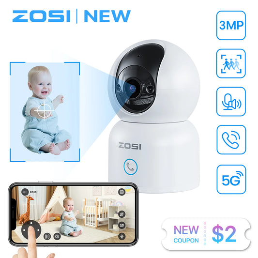 ZOSI C518 Indoor Pan/Tilt Smart Security IP Camera 2K 360° Baby Pet Monitor AI Human Tracking 2.4G/5G WiFi Surveillance Camera