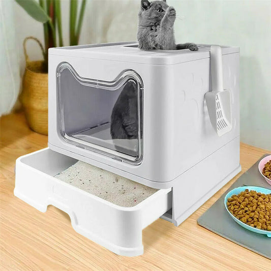Front Entry Top Exit Cat Litter Box with Lid Foldable, Plastic Scoop