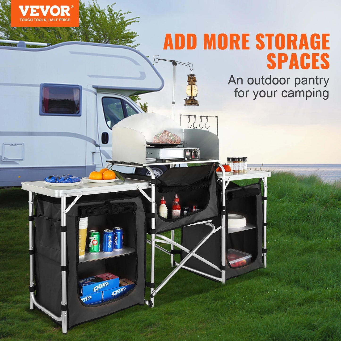VEVOR Folding Outdoor Cooking Table with Storage Carrying Bag,  3 / 1 Cupboard, & Detachable Windscreen